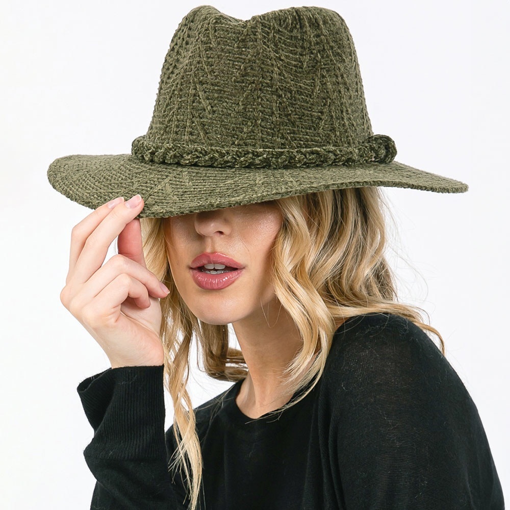 Green Chenille Pattern Fedora Hat with Braided Band